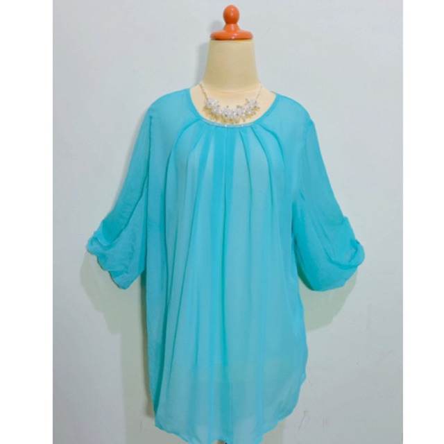Atasan wanita blouse blus tunik vintage lengan balon pita kerah mote berlian payet bahan polyester m