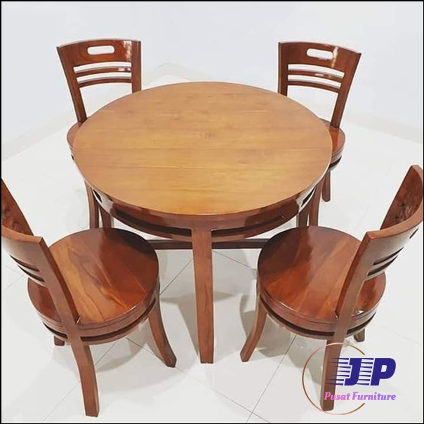 Meja makan set 4 kursi kayu jati - meja bulat minimalis