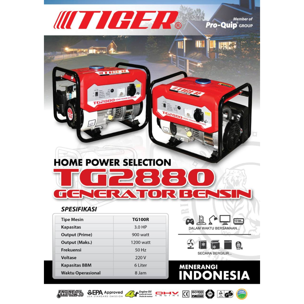 Genset Tiger TG 2880 Generator Set 1000 Watt