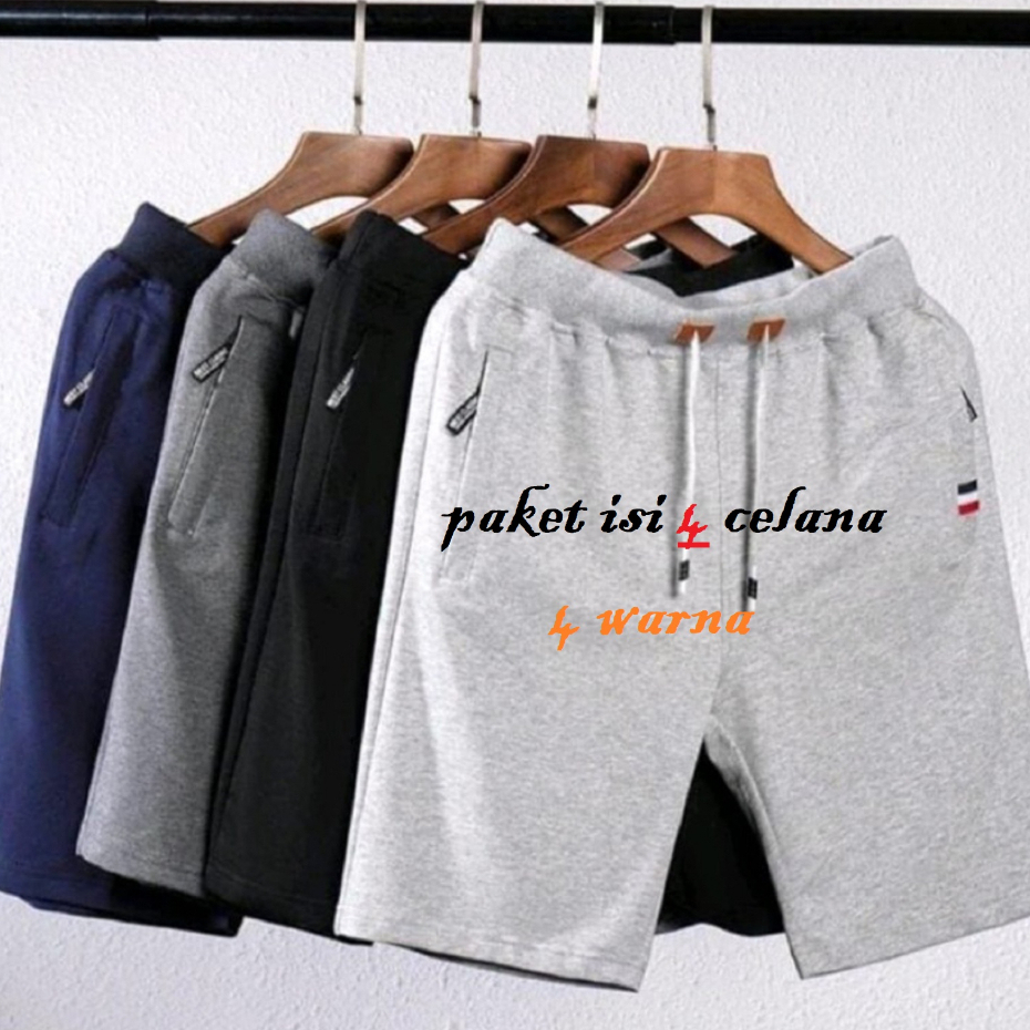 promo 4 celana pendek pria jumbo polos kaos baby terry saku resliteng