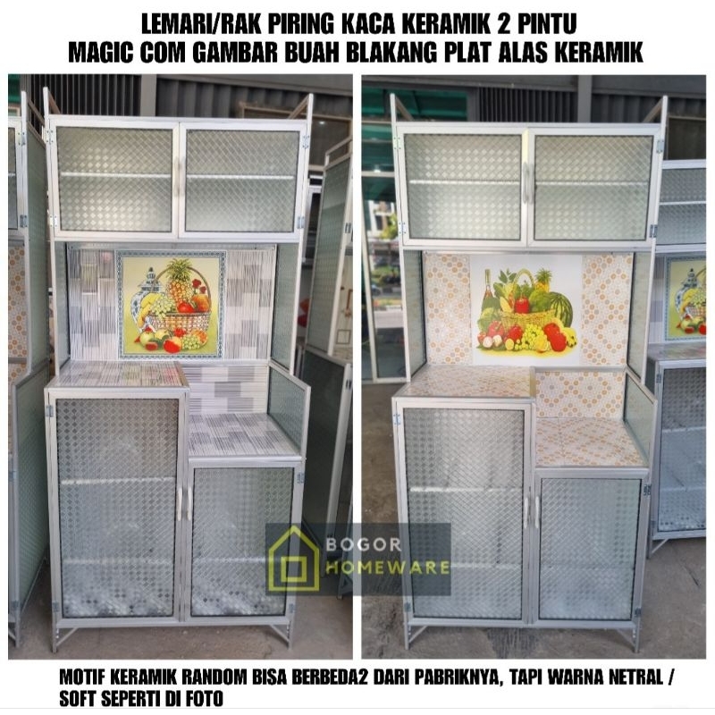 (KHUSUS BOGOR) RAK PIRING / LEMARI PIRING KACA KERAMIK 2 PINTU MC BELAKANG PLAT