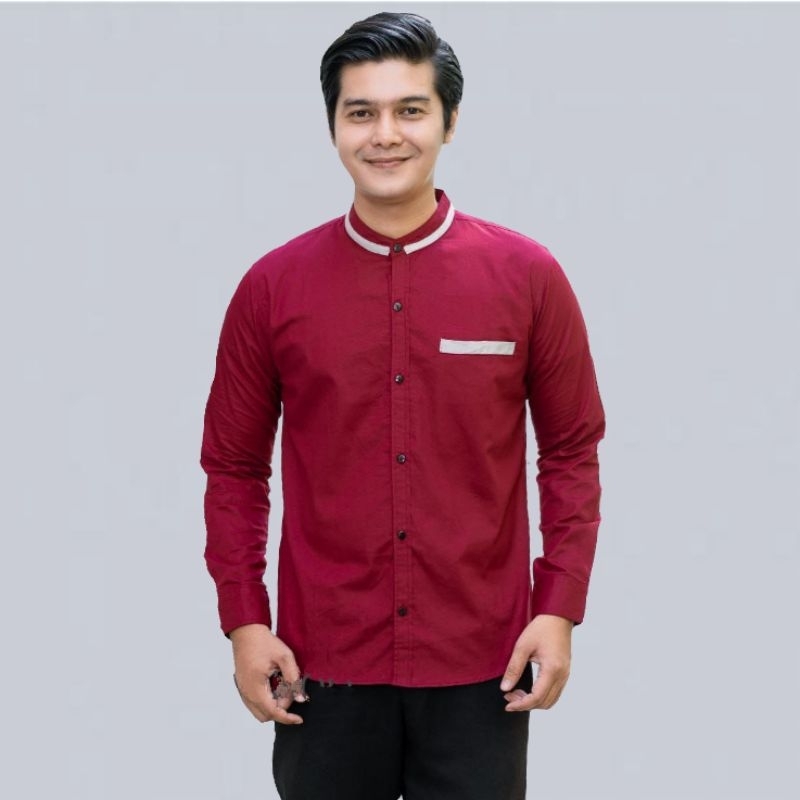 Baju Koko Pria Lengan Panjang Polos Kombinasi Warna Merah Maroon