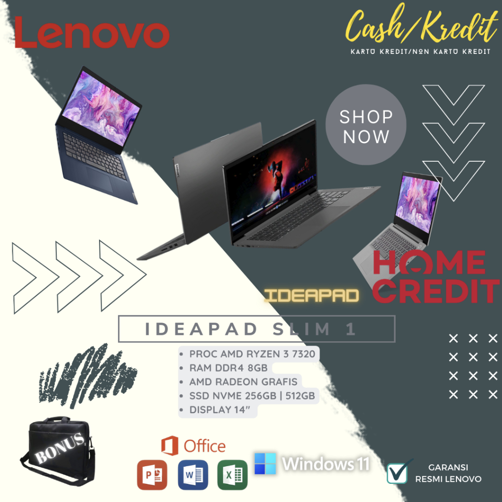 LAPTOP LENOVO IDEAPAD SLIM 1 AMD RYZEN 3 7320/8GB/(256GB/512GB)/14"/W11+OHS