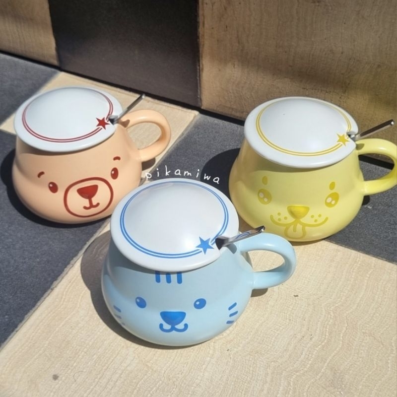 ANIMAL CUP AND SAUCER FREE SENDOK cangkir lucu mug lucu mug motif mug cantik mug tutup gelas keramik
