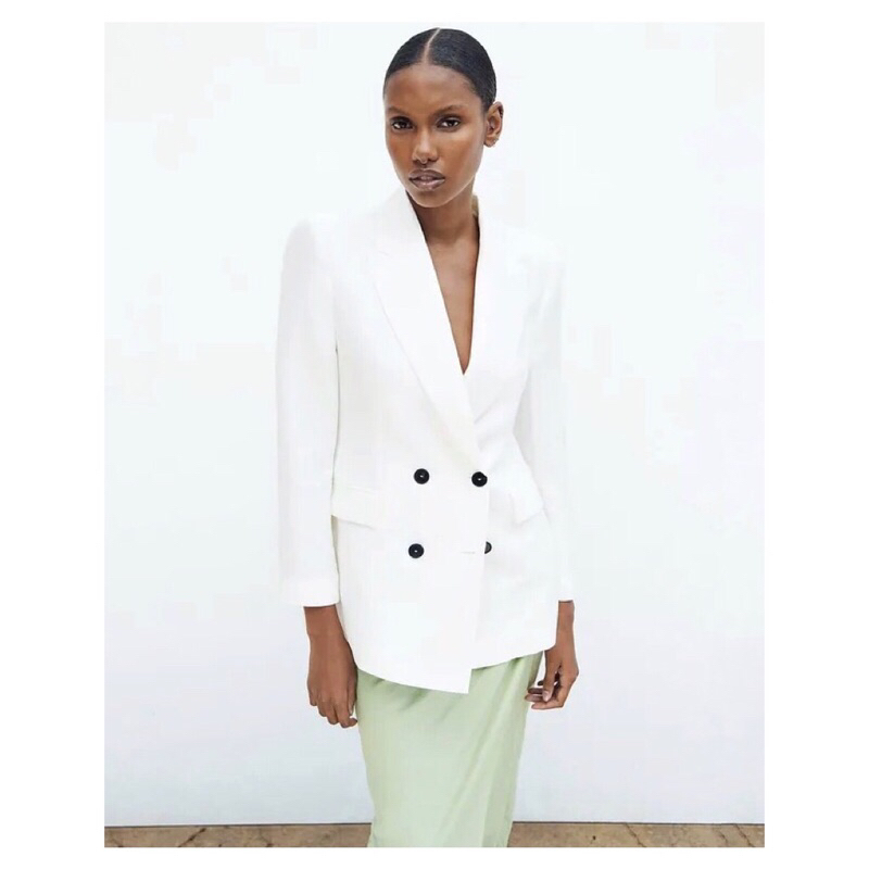 Blazer Wanita Kantor Casual Double Breasted Putih