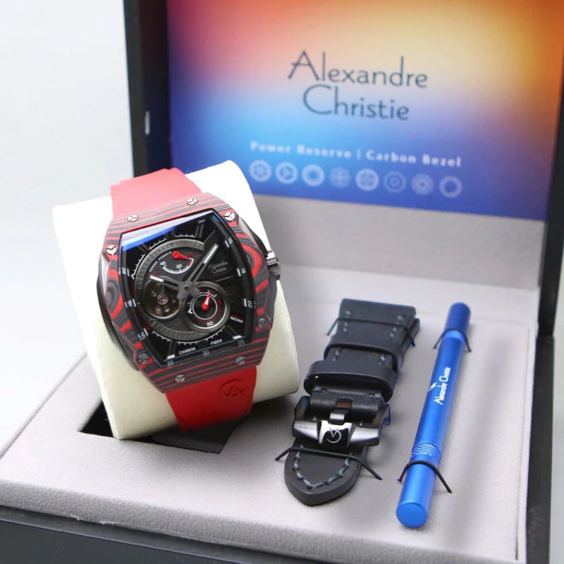 Jam Tangan Alexandre Christie AC 6608 MA REPBARE Automatic Open Heart Dial Red Rubber Strap