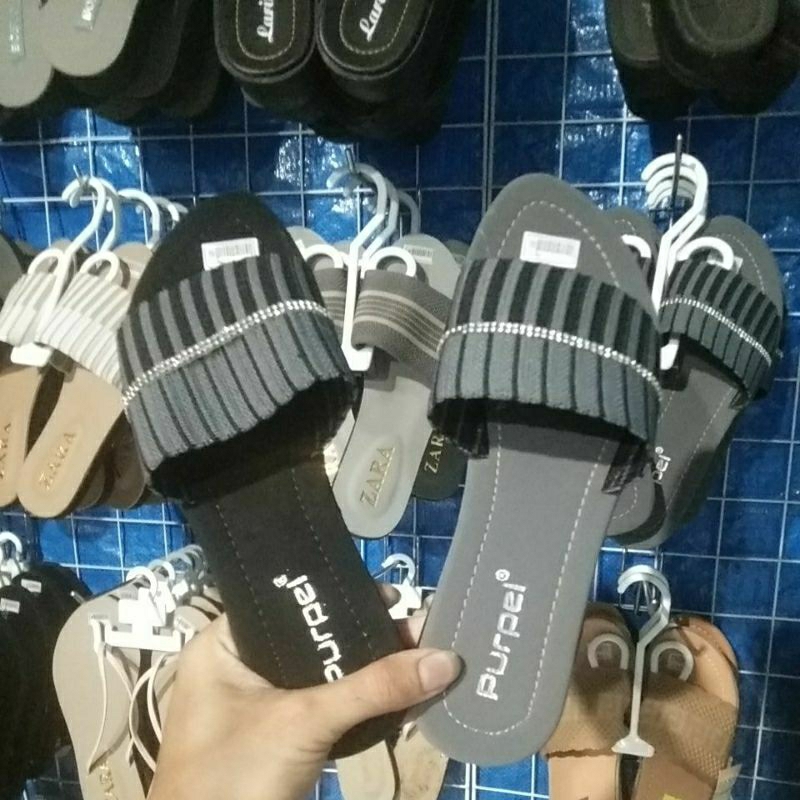 PURPEL SANDAL WANITA SLOP KAIN GARIS
