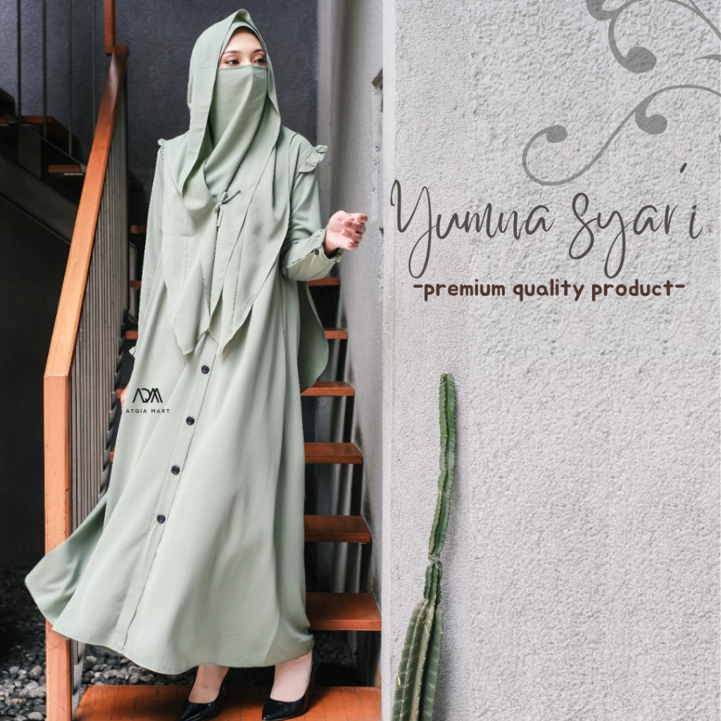 Atqia_Mart - Busana Muslim Gamis Syari Full Kancing Set Jilbab Plus Cadar Mecom Syari Set hijab Gami