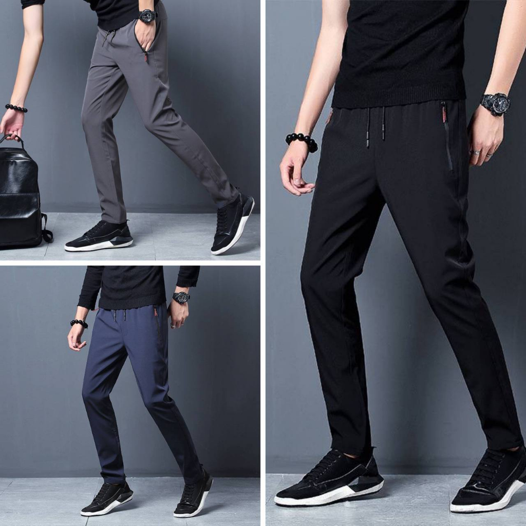 Kreatif ~ Celana Panjang Pria Tipis Saku Ritsleting Bahan Parasut