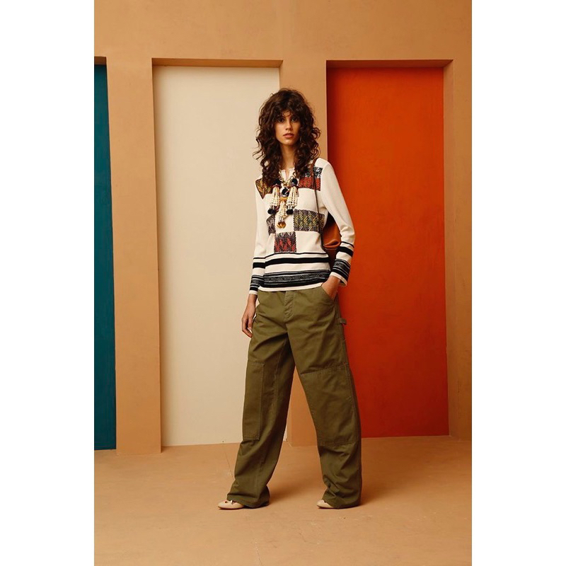 TORY BURCH Patchwork Embroidered Tweed Knit Sweater