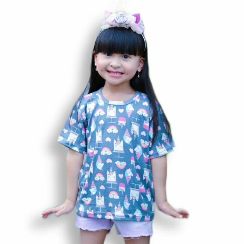Kaos anak perempuan murah fullprint/ printed tee motif UNICORN