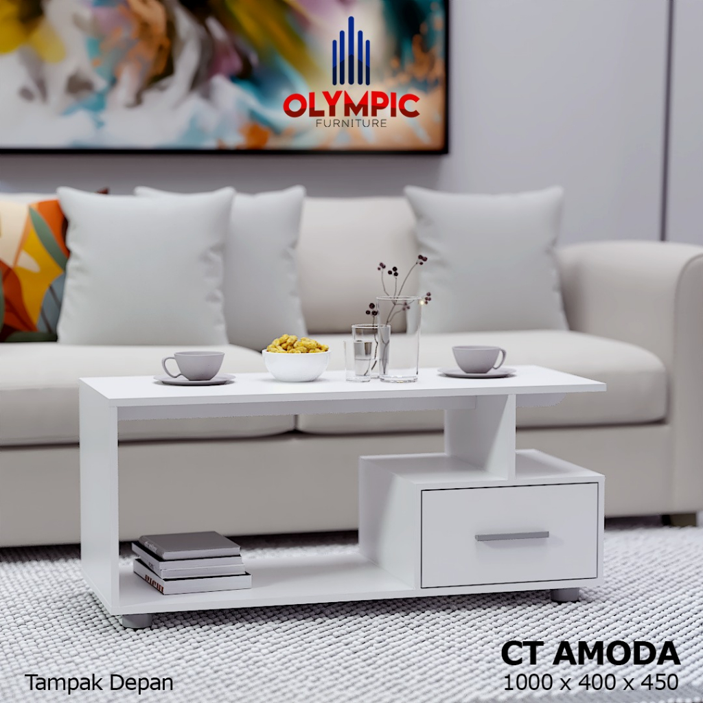 MEJA TV PUTIH RAK TV MINIMALIS MODERN OLYMPIC AMODA / COFFE TABLE MEJA TAMU