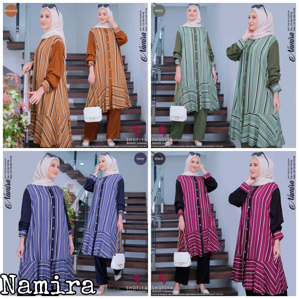 namira set jumbo ld 130 pakaian rayon baju atasan blouse kemeja long tunik busana gaun setelan onese