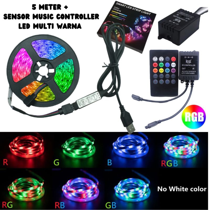 LAMPU LED STRIP 5050 RGB MULTI WARNA 5 METER 60 LED REMOTE CONTROL IP65 DENGAN SENSOR SUARA MUSIK 1 