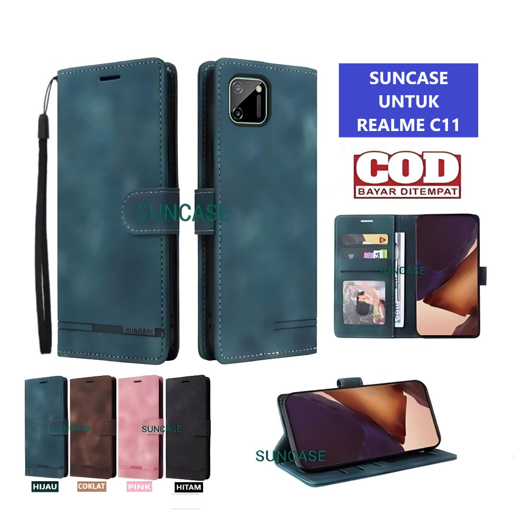Casing REALME C11 model flip buka tutup case kulit ada tempat foto dan kartu juga tali hp flip cover