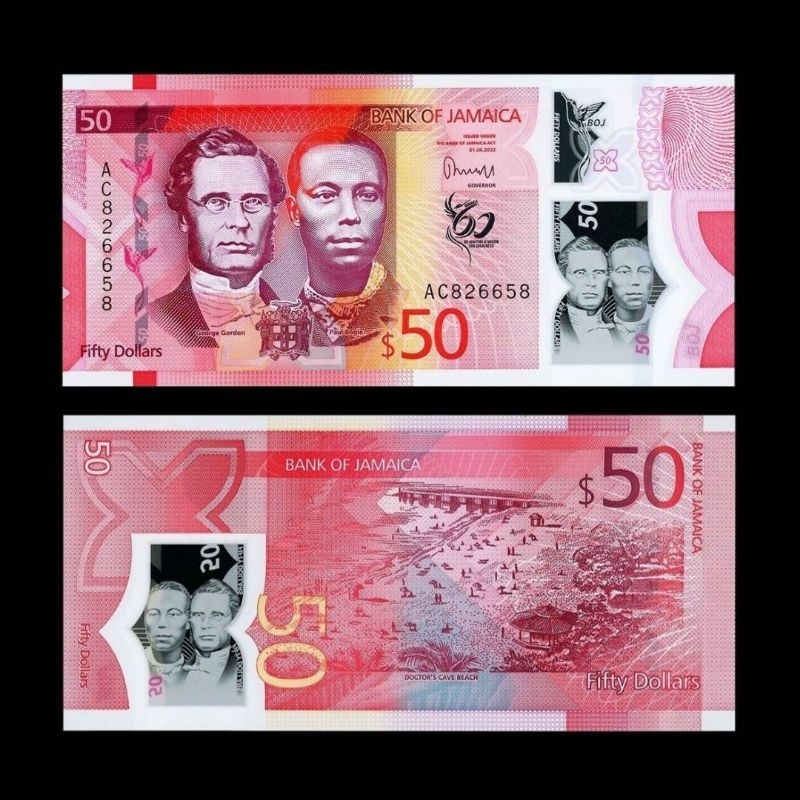 UANG JAMAICA 50 DOLLARS 2022 UNC GRESS POLYMER COMMEMORATIVE 60Th