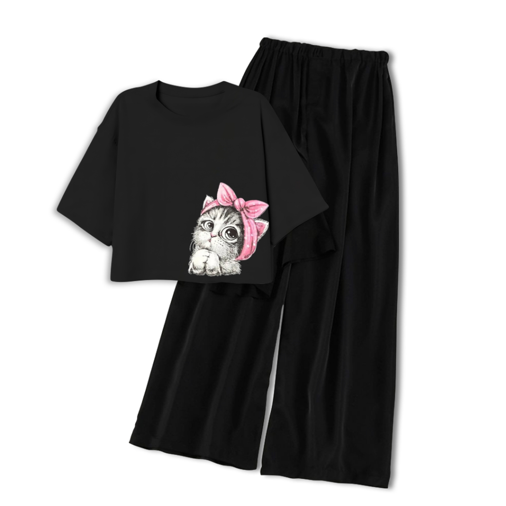 CLSTORE Setelan Tidur Crop Remaja Kombinasi Celana Panjang Marry Cat