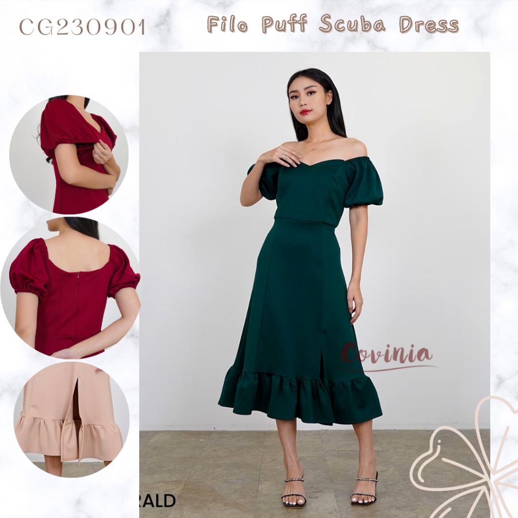 Filo Puff Scuba Dress Puffy Short Sleeve Filomena Flare Mermaid Slit Sabrina Dress - CG230901