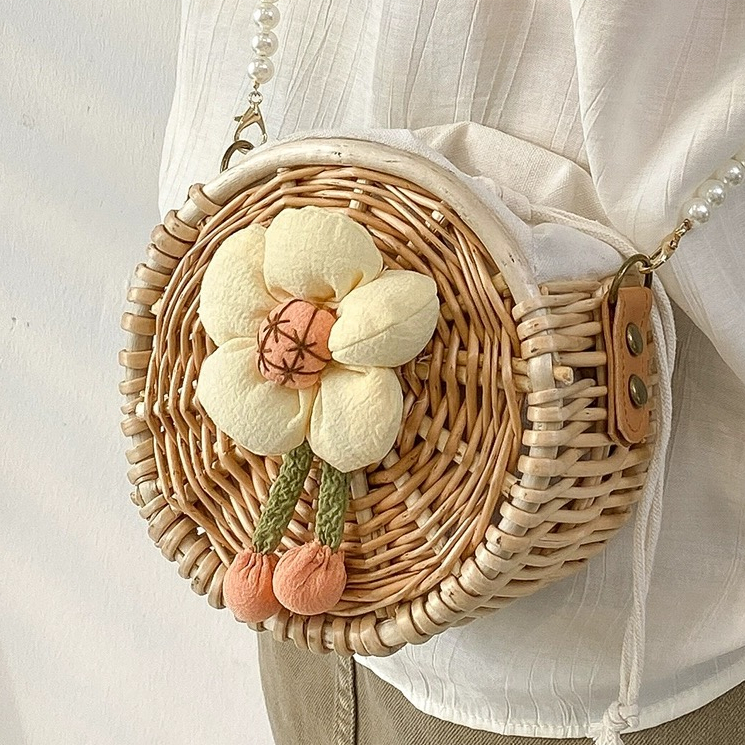 Tas Wanita Selempang Rotan Bali Tas Dompet Korea Style Bulat Mutiara Tas Lucu Cewek Pantai