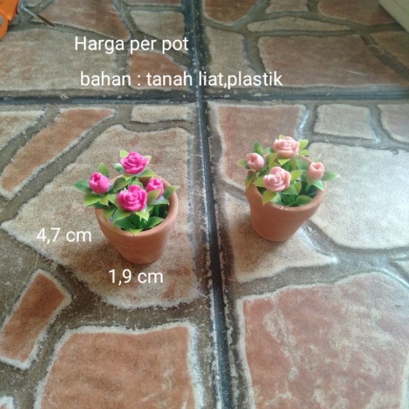 Miniatur Pot Bunga Tanah Liat dan Bunganya