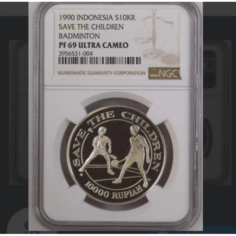 NGC PF 69 Koin Silver Petak Coin Badminton Indonesia 10000 Rupiah 1990