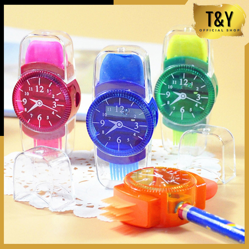 

T&Y Rautan Pensil Manual dengan Penghapus dan Sikat Pembersih Model Jam Tangan Multifungsi Serutan Pensil Mekanis 3in1 Warna-Warni untuk Perlengkapan Sekolah Anak-anak