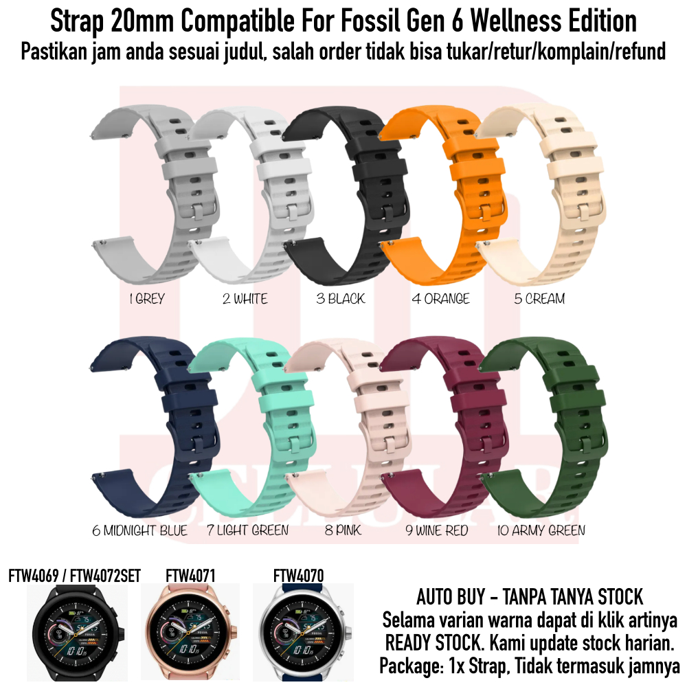 UNB Tali Jam Smartwatch 20mm Untuk Fossil Gen 6 Wellness Edition - Watch Strap Silikon Rubber Pria W