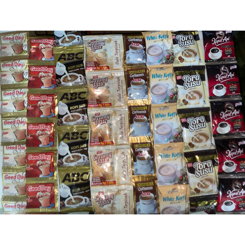 

KOPI INSTAN 10 PCS (ABC/KAPALAPI/LUWAK/INDOCAFE/TORASUSU/TORACREAMYLATTE/GOODDAY)