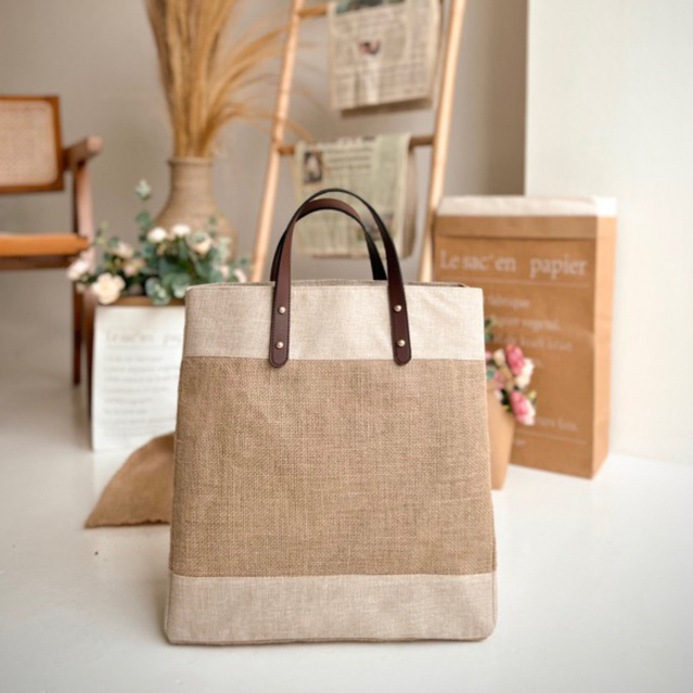 Tas Wanita Karung Goni Kanvas Custom Bordir Handle Kulit - Bunaken Tote Bag