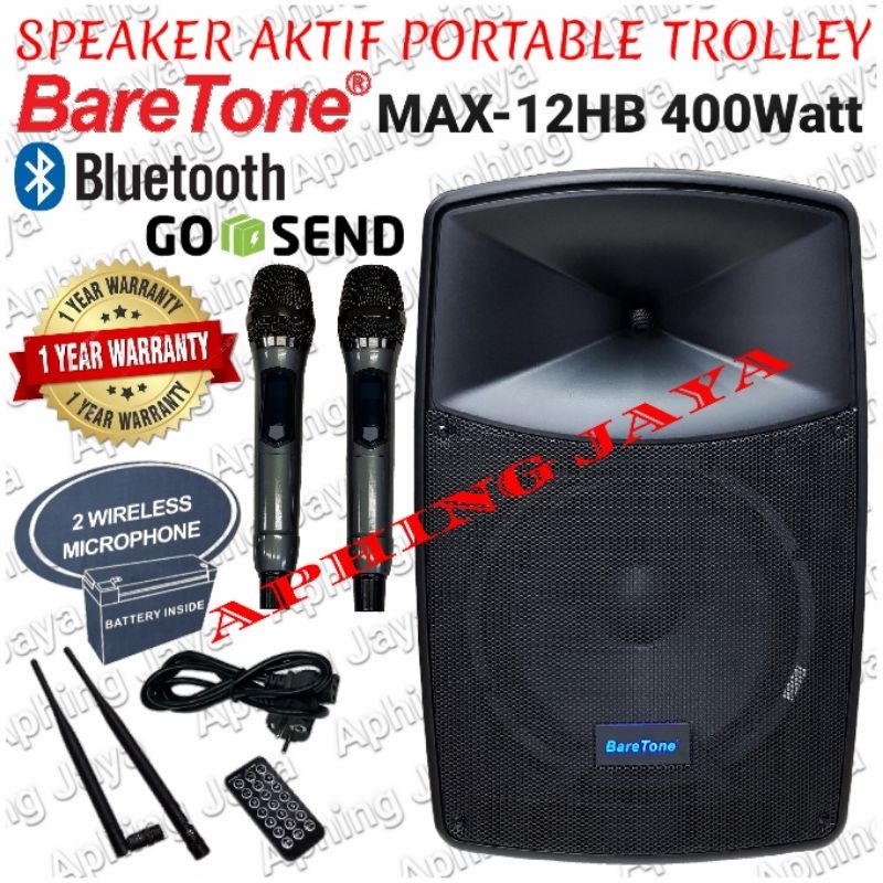 Speaker Aktif Portable Wireless Meeting BareTone MAX-12HB 400W + 2 Microphone Wireless Original Gara
