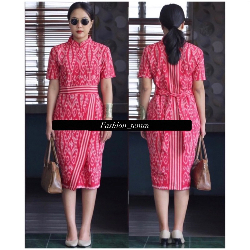 MIDI DRESS TENUN MODEL KERAH SHANGHAI MOTIF KHAS KALIMANTAN / DRESS TENUN TROSO / DRESS TENUN MODERN