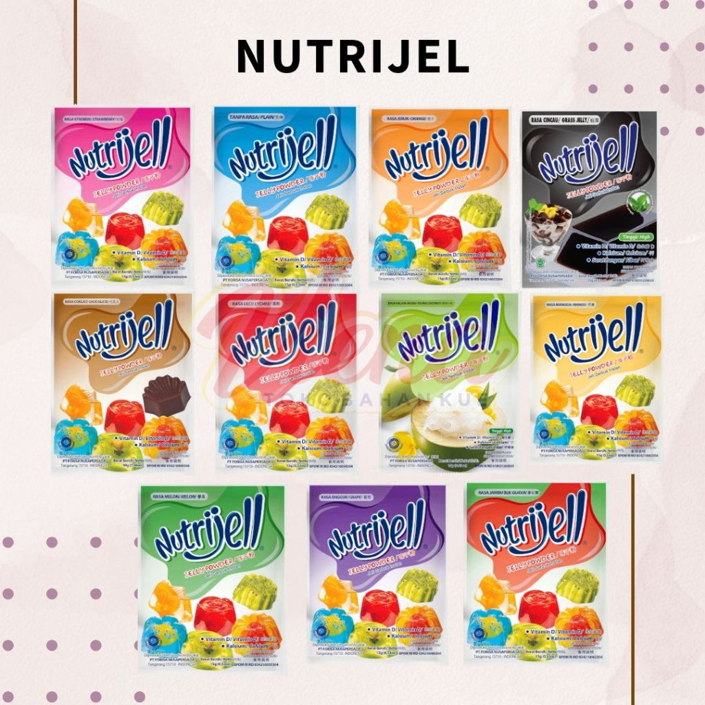 

Nutrijell 15gr Anggur / Cincau / Jambu Biji / Jeruk / Kelapa Muda / Kurma Ajwa / Leci / Mangga / Melon / Plain / Strawberry / Coklat