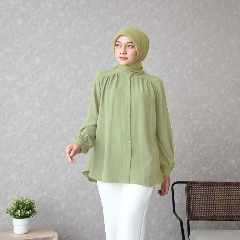 Baju Atasan Alina Blouse Crinkle Kemeja Polos Wanita Lengan Panjang