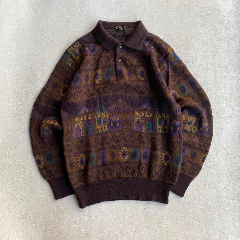 Toroy Vintage 80s Brown Pattern Half button Knitwear