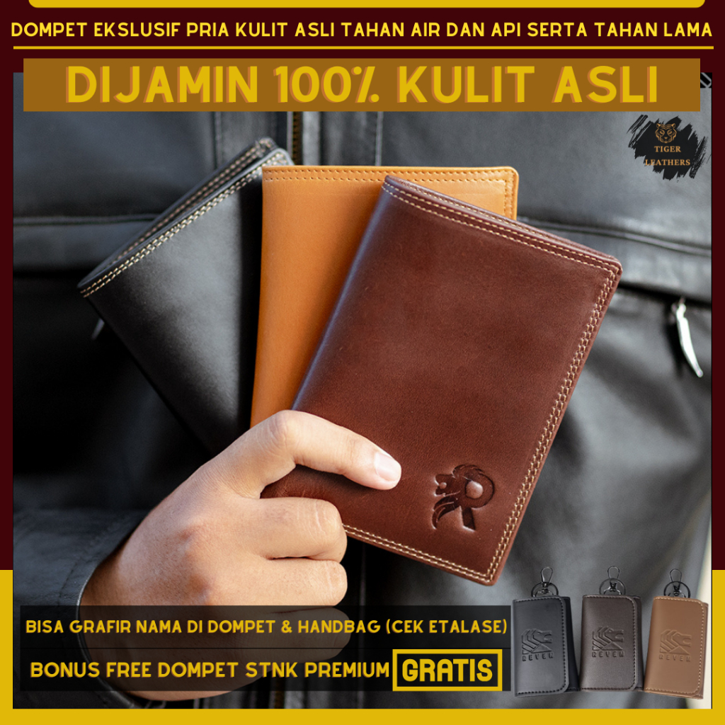 Tigerleathers - Dompet Pria Kulit Asli Cowok Kartu Lipat Kulit 3/4 Premium