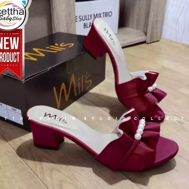 Ay00 Heels Wanita 5CM Fashion Selop Mutiara Formal Karet