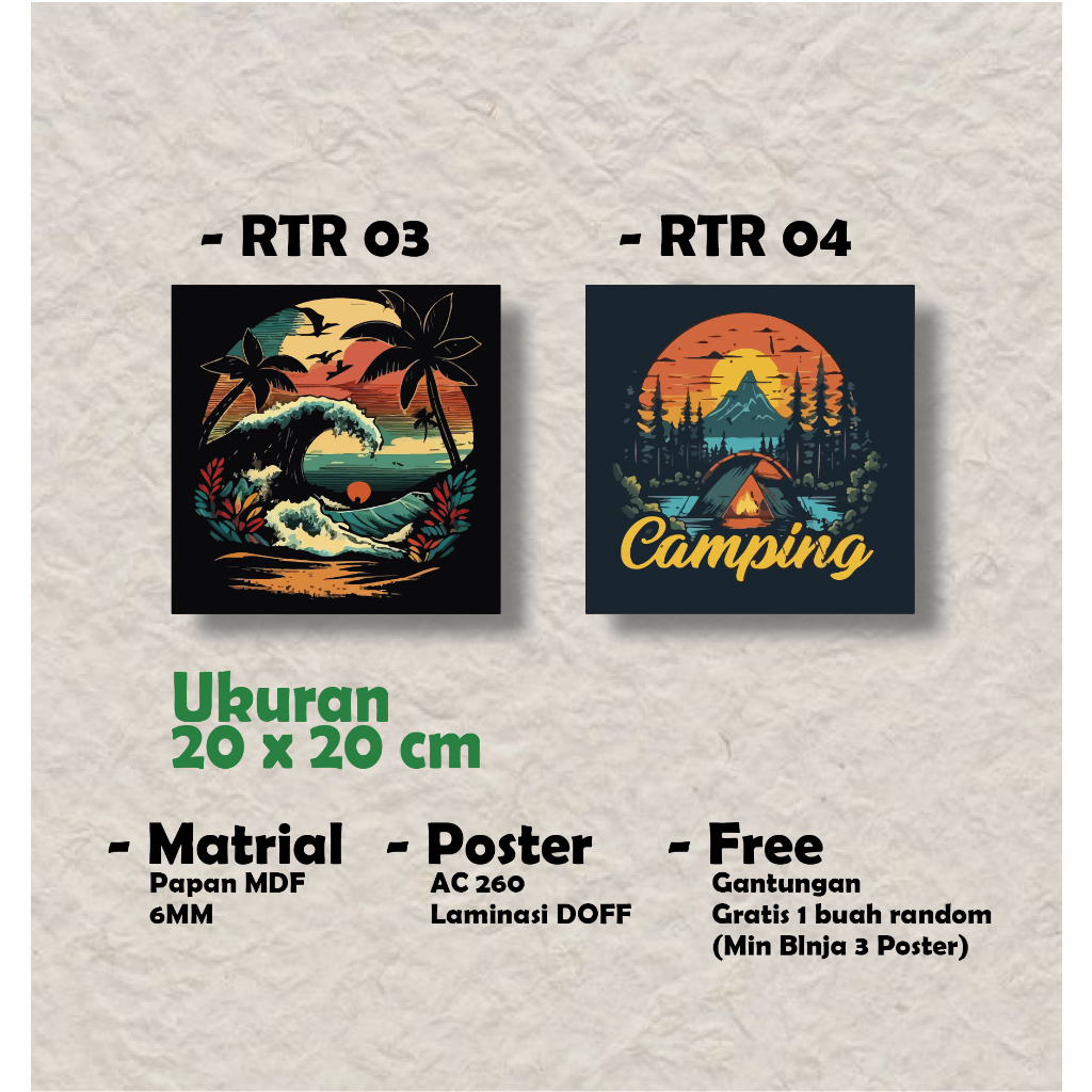 Poster Tembok Ukuran 20x20 Papan MDF Retro Ombak Kanagawa