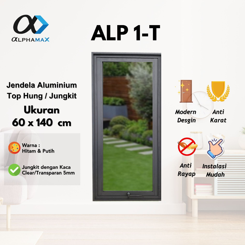 Jendela Aluminium Jendela Rumah Jendela Kamar Jendela Ruang Tamu Top Hung ALPHAMAX ALP 1-T 60 x 140 
