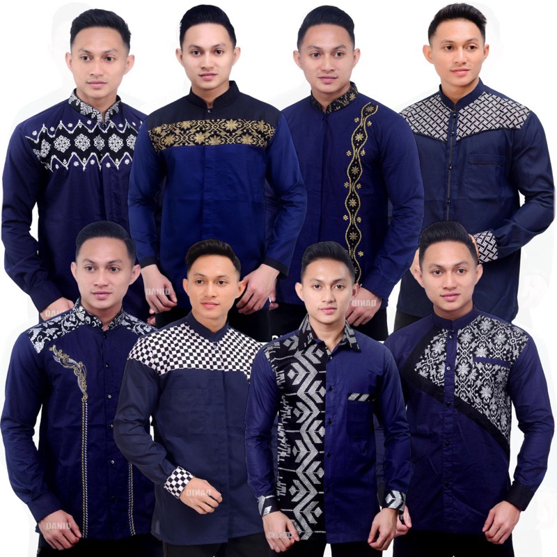 BAJU KOKO BORDIR BIRU NAVY LENGAN PANJANG PRIA MUSLIM LENGAN PANJANG TERMURAH