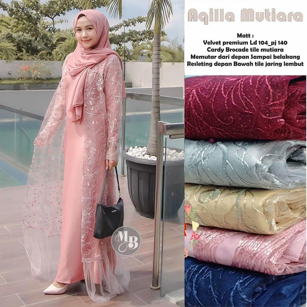 Gamis Aqilla Mutiara  Satin Kombinasi Brokat Tile Busui Friendly Outer Fashion Muslim Kekinian Gaun 