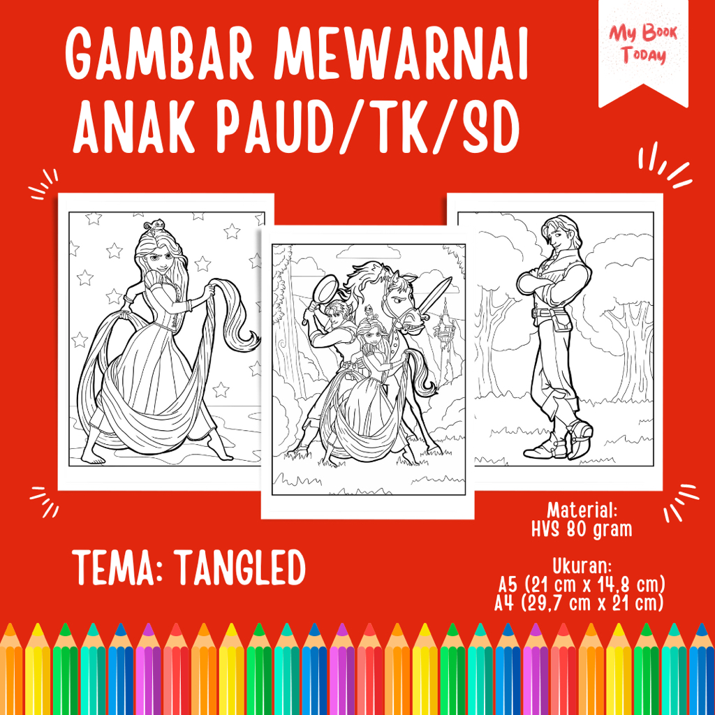 

[My Book Today] Lembar Kertas Sketsa Gambar Mewarnai untuk Anak Sekolah PAUD TK SD Tema Tangled