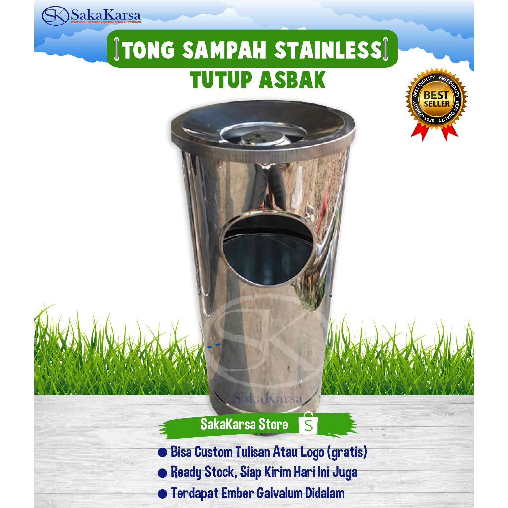 TONG SAMPAH STAINLESS ASBAK BULAT, TEMPAT SAMPAH STAINLESS ASBAK