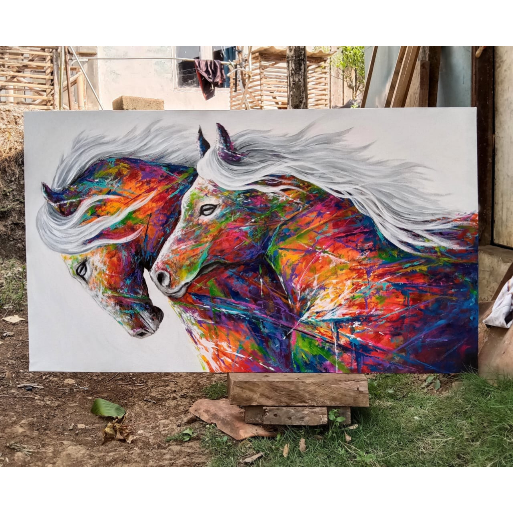 lukisan kuda pop art media kain kanvas asli hasil karya tangan bukan printing atau pun cetakan