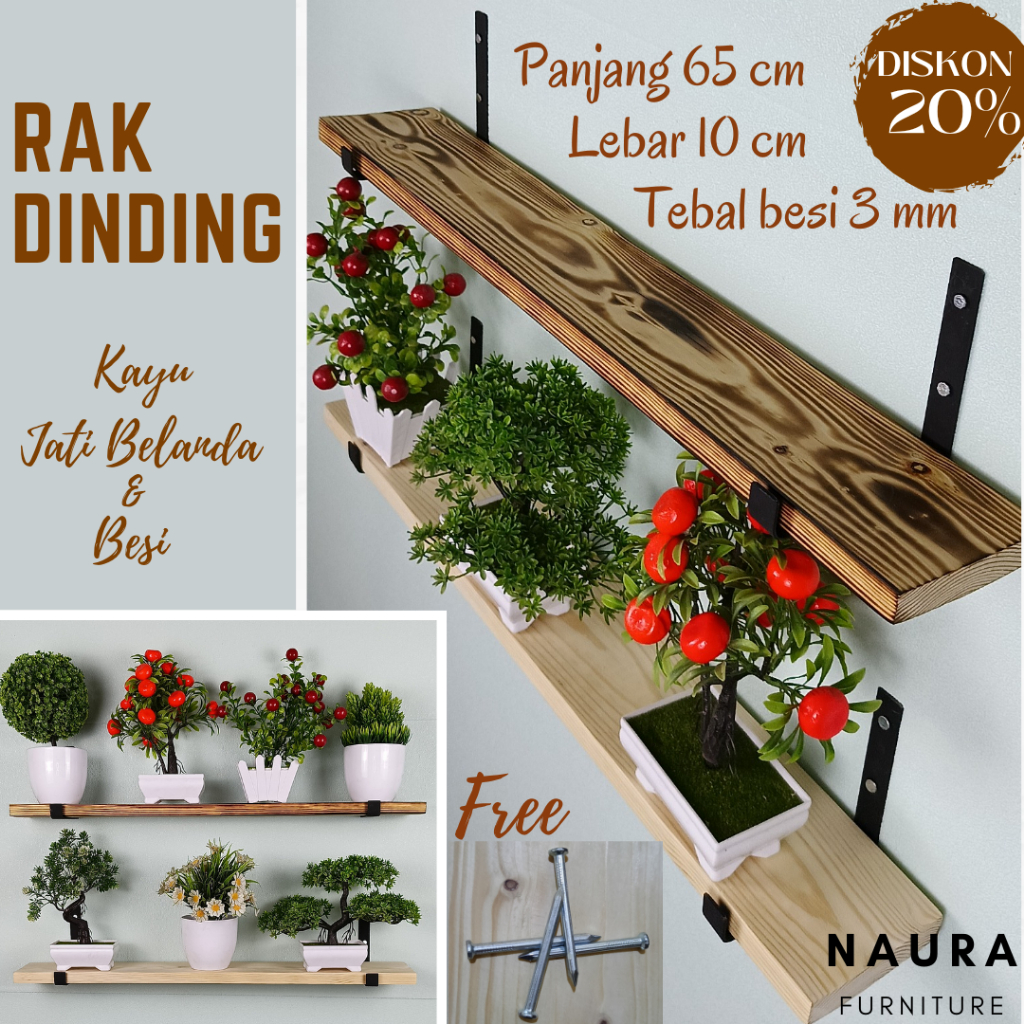 Rak dinding / Gantungan dinding / Rak gantung / Hiasan dinding Kayu dan besi