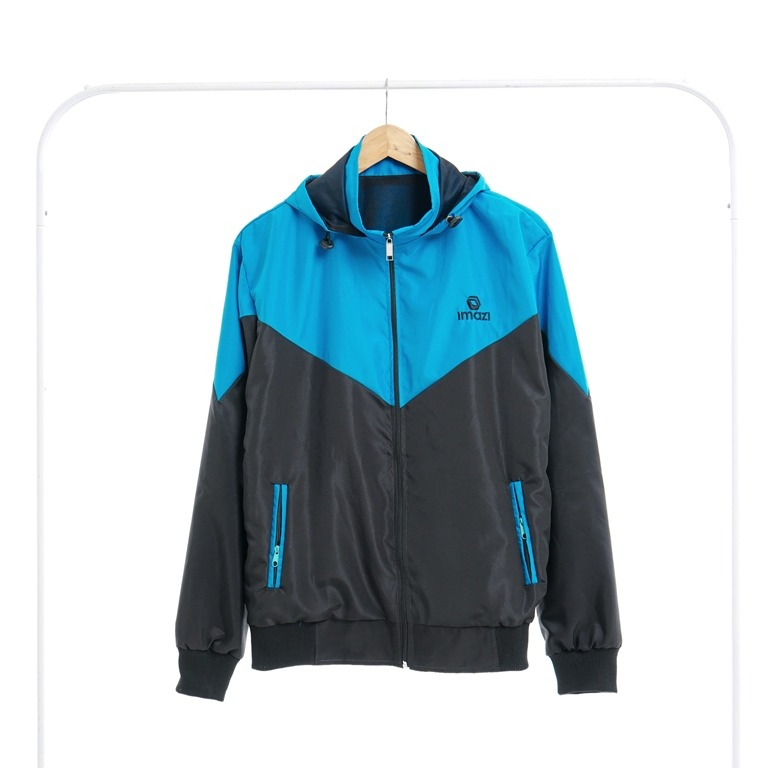 Jaket Olahraga Parasut Windrunner Kombinasi Turkis Hitam