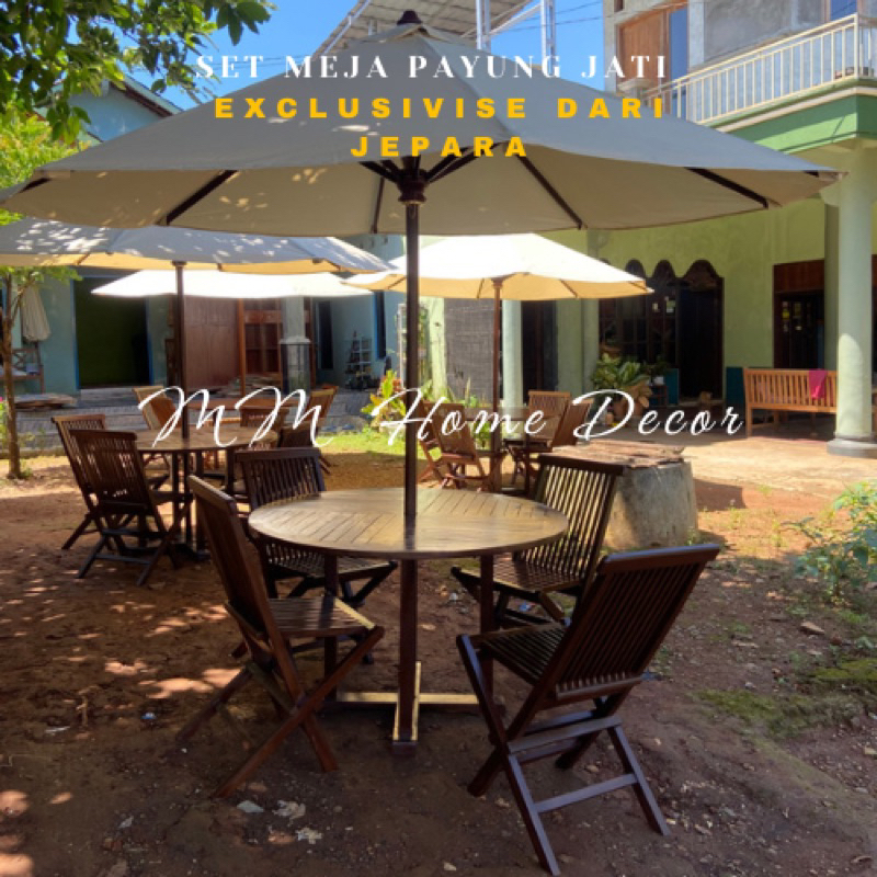Set meja payung Jati aesthetic material jati solid Jepara kombinasi kain nagata drill ketahanan 3th 