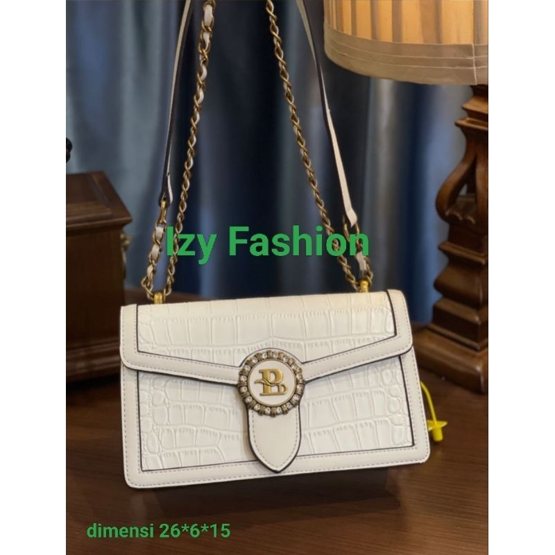 Tas import wanita bahan kulit timbul premium warna putih, motif croco #9368-8