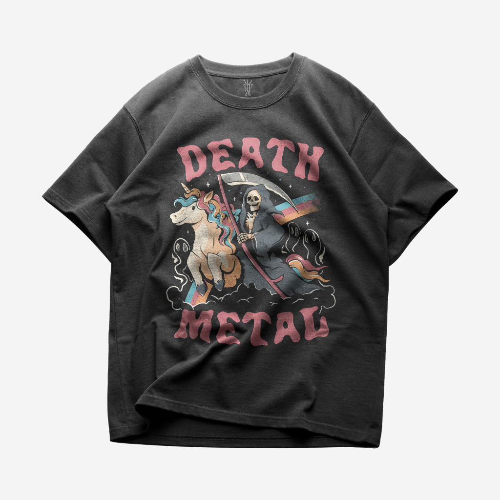 KAOS BAJU DEATH METAL UNICORN | T-SHIRT PLESETAN OVERSIZE HITAM VINTAGE BOOTLEG | PRIA WANITA DEWASA