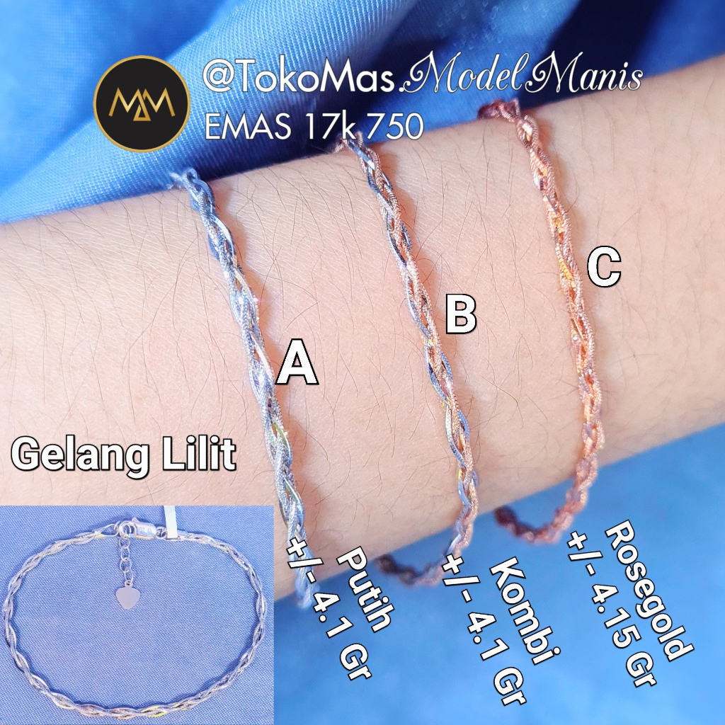 Gelang Italy Lilit emas putih rosegold kombinasi kadar 750