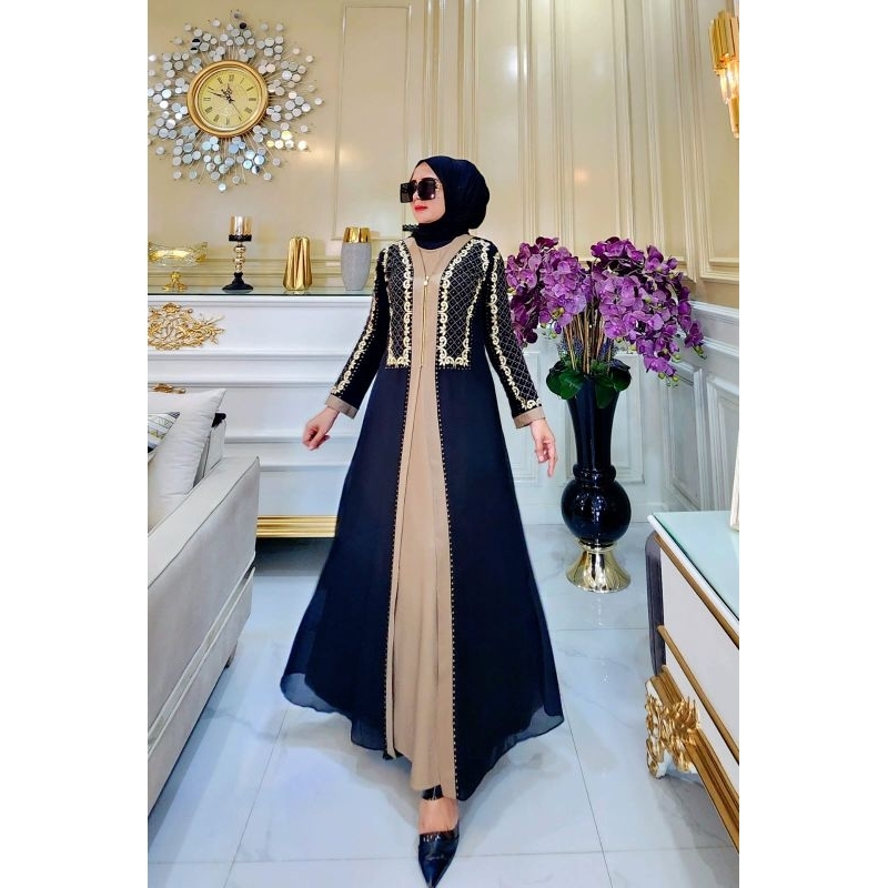 GAMIS ARAB ABAYA TURKEY HITAM BORDIR ZIPPER DEPAN TERBARU